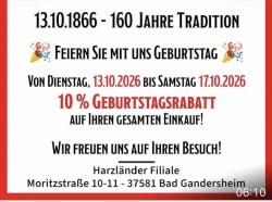Heute und ab Mittwoch zum Harzländer-Jubiläum: zweimal  Geburtsrabatt für die Kunden!